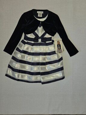 NWT Girls Navy Silver Stripe Dress 4T with Jacket Church Formal Holiday